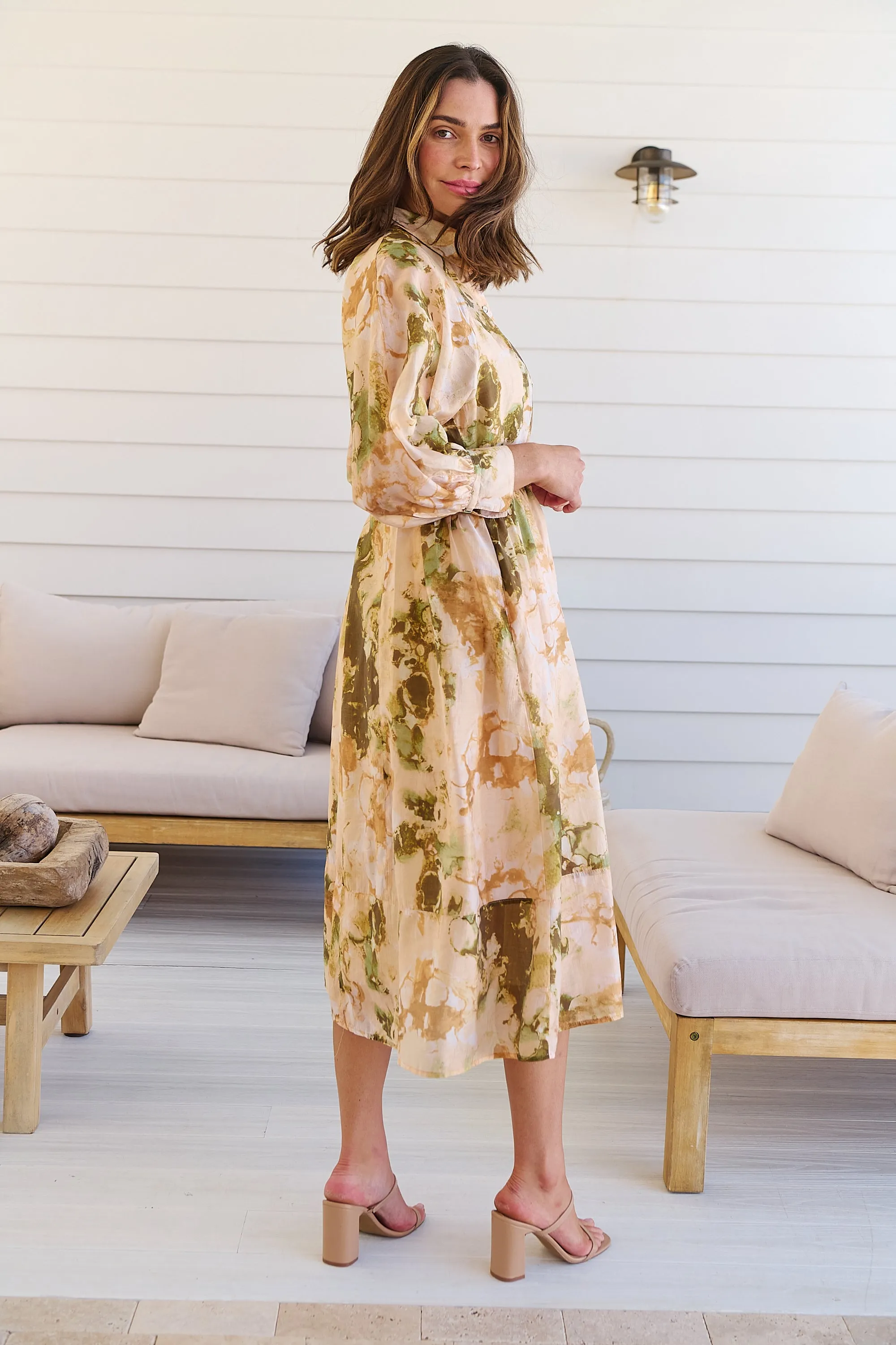 Solange Collared Tie Waist Green/Peach Midi Dress