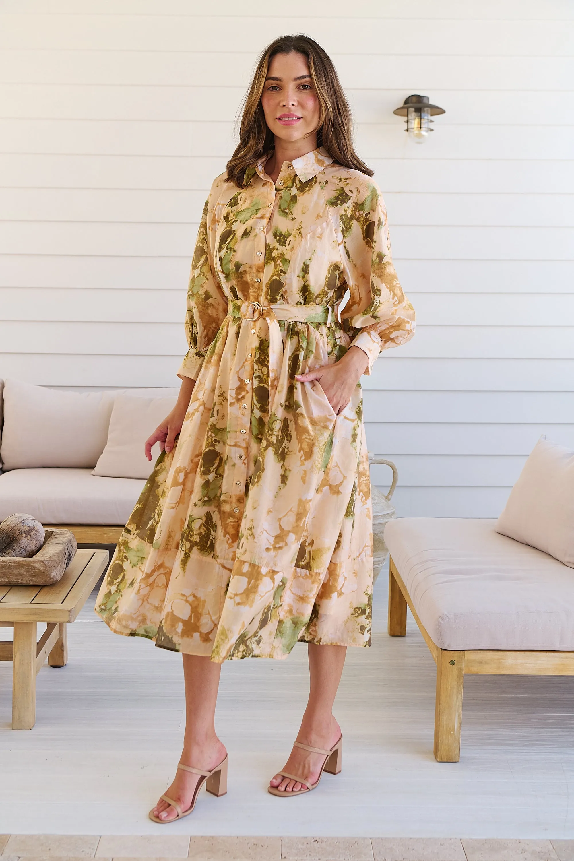 Solange Collared Tie Waist Green/Peach Midi Dress