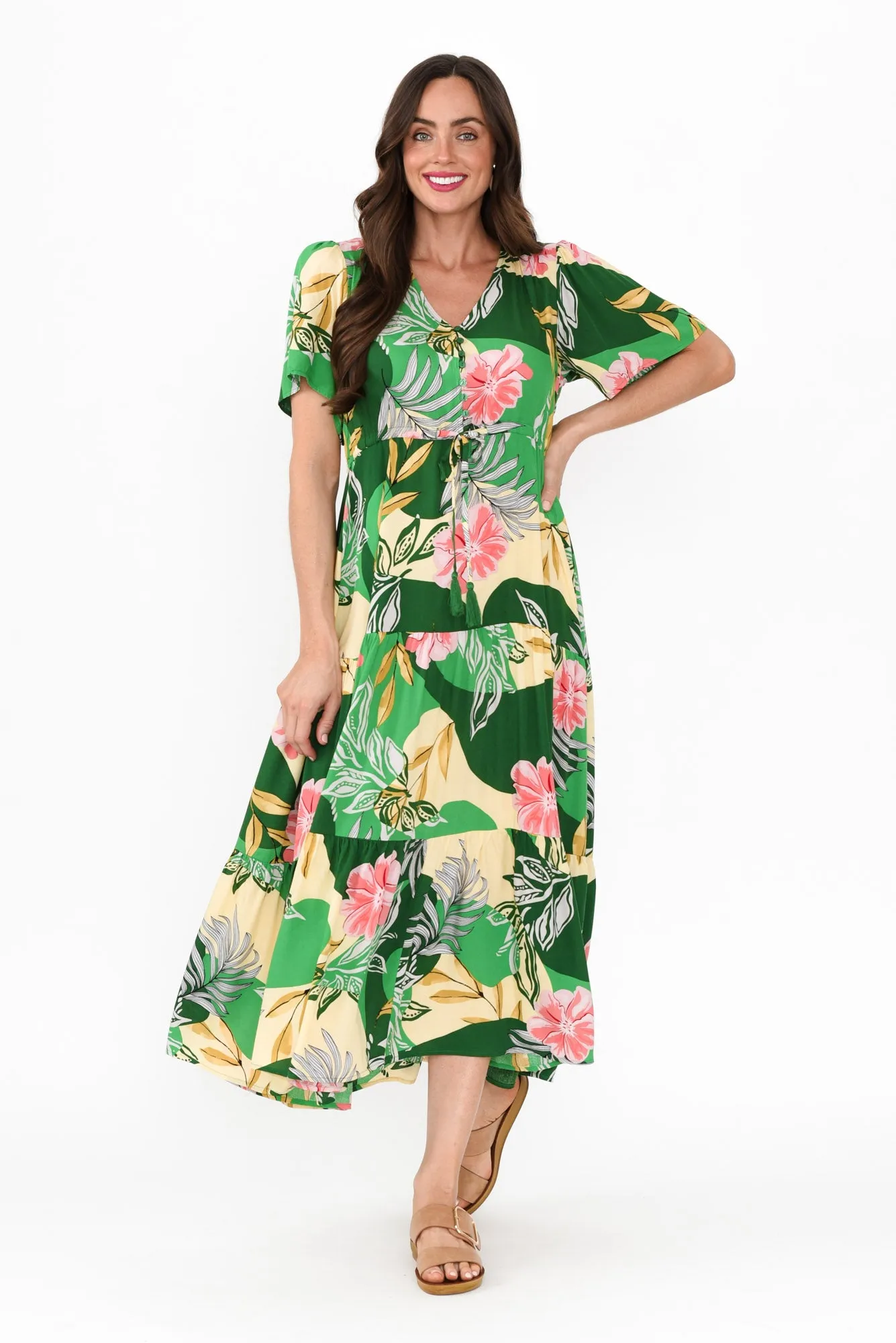 Solene Green Tropical Tier Dress