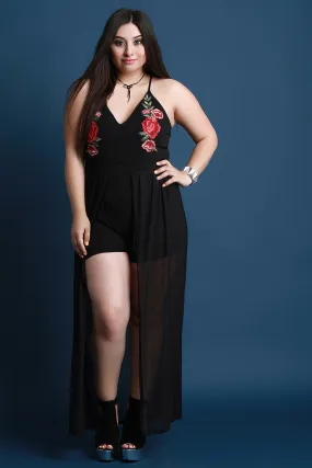 Spaghetti Strap V-Neck Floral Applique Mesh Romper Maxi Dress