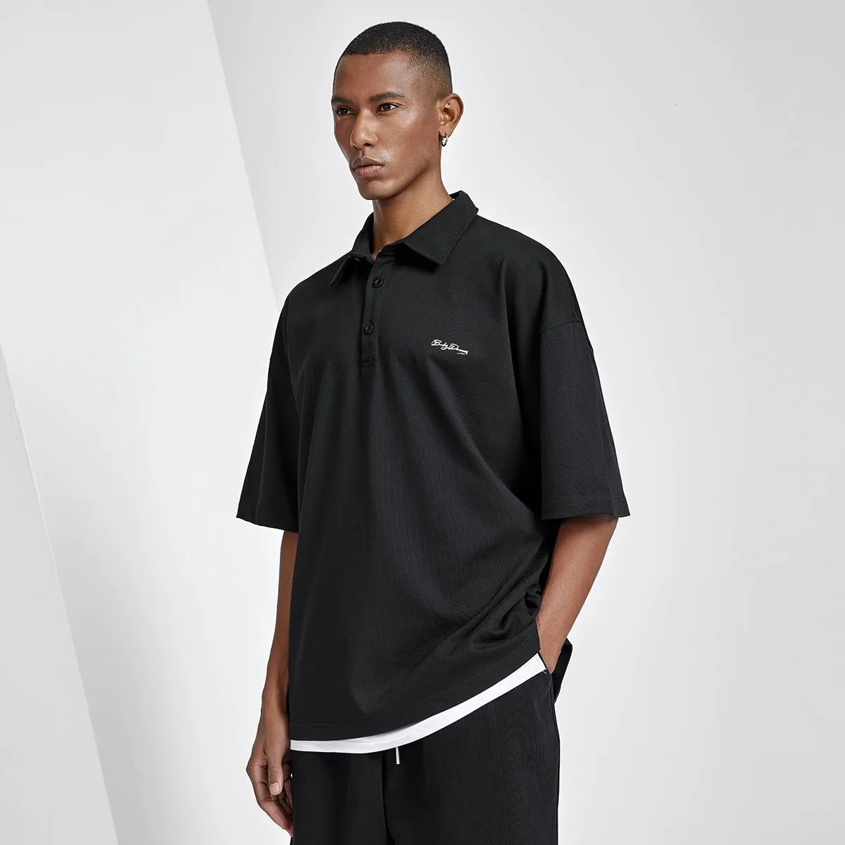 Sporty Boxy Fit Script Logo Black Polo