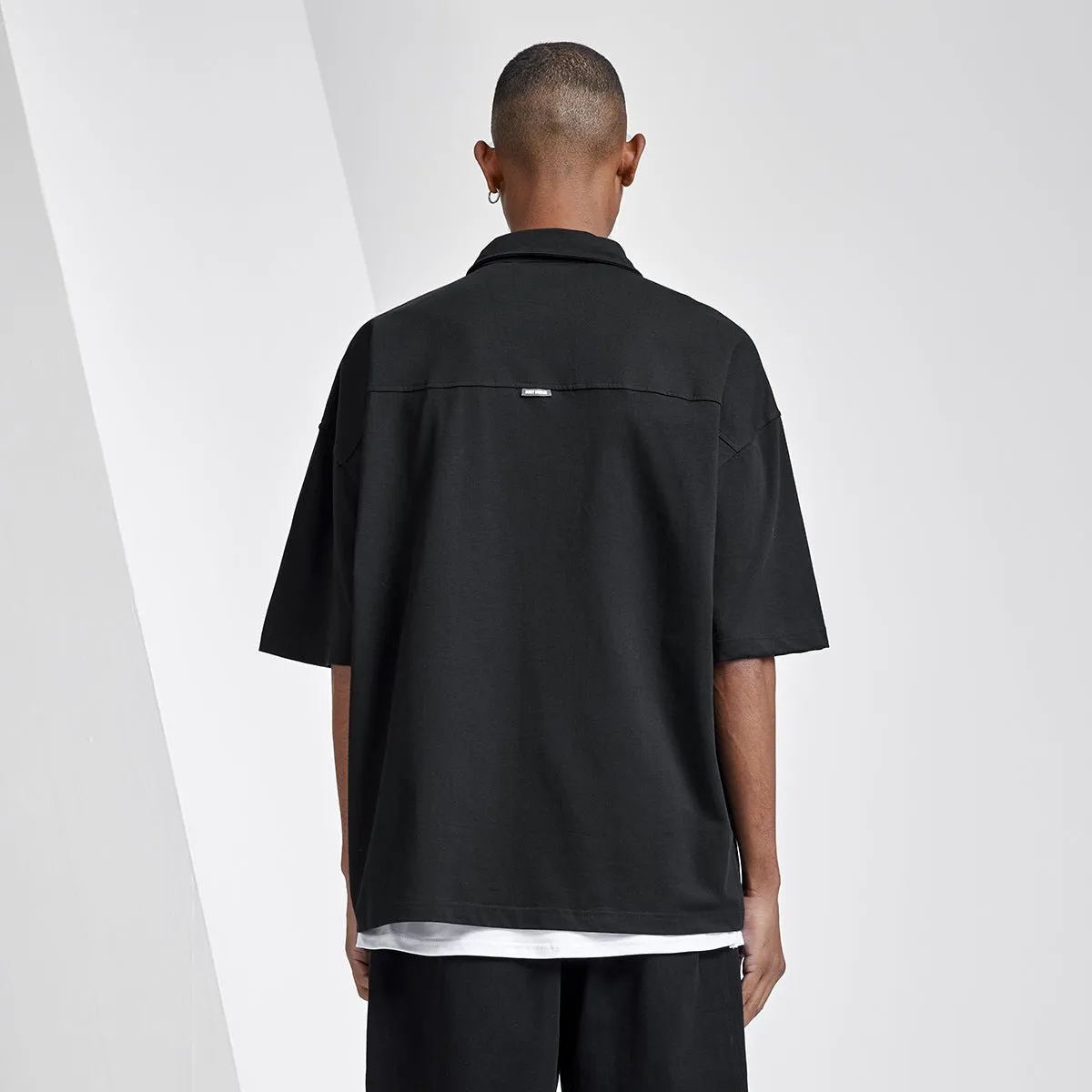 Sporty Boxy Fit Script Logo Black Polo