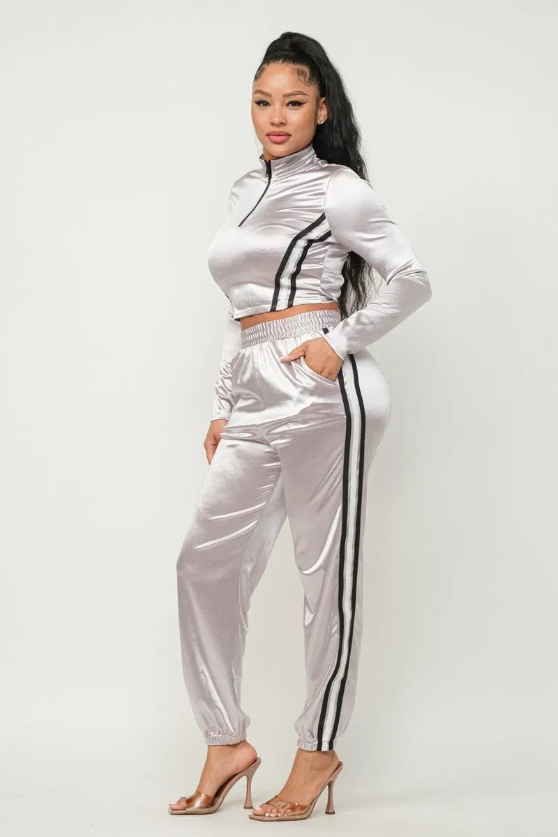 Sporty Front Zip Up Stripes Detail Jacket And Pants Outfit Set - 3 colors