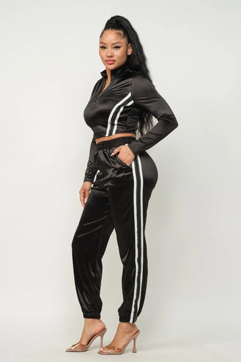 Sporty Front Zip Up Stripes Detail Jacket And Pants Outfit Set - 3 colors