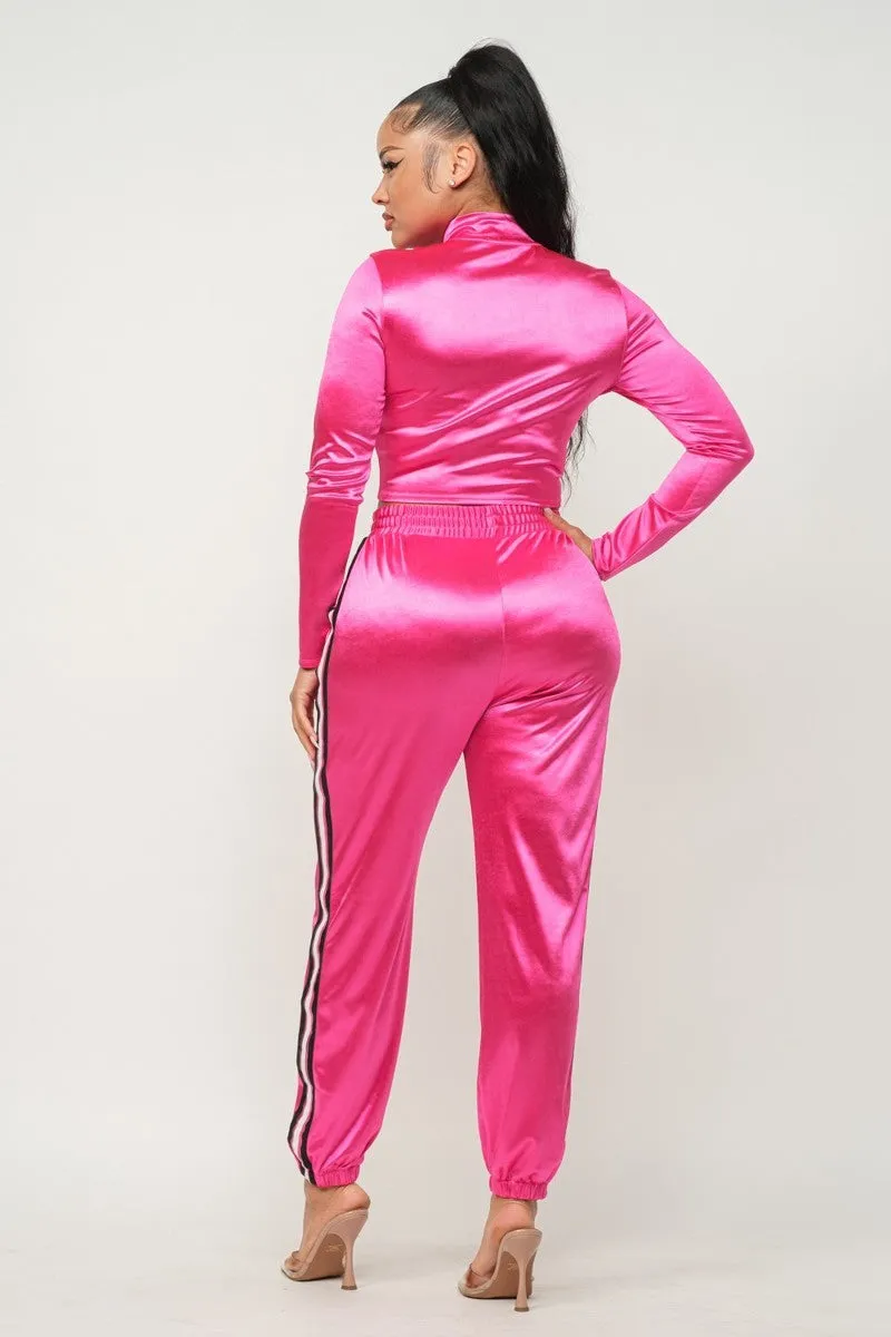 Sporty Front Zip Up Stripes Detail Jacket And Pants Outfit Set - 3 colors