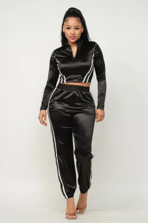 Sporty Front Zip Up Stripes Detail Jacket And Pants Outfit Set - 3 colors