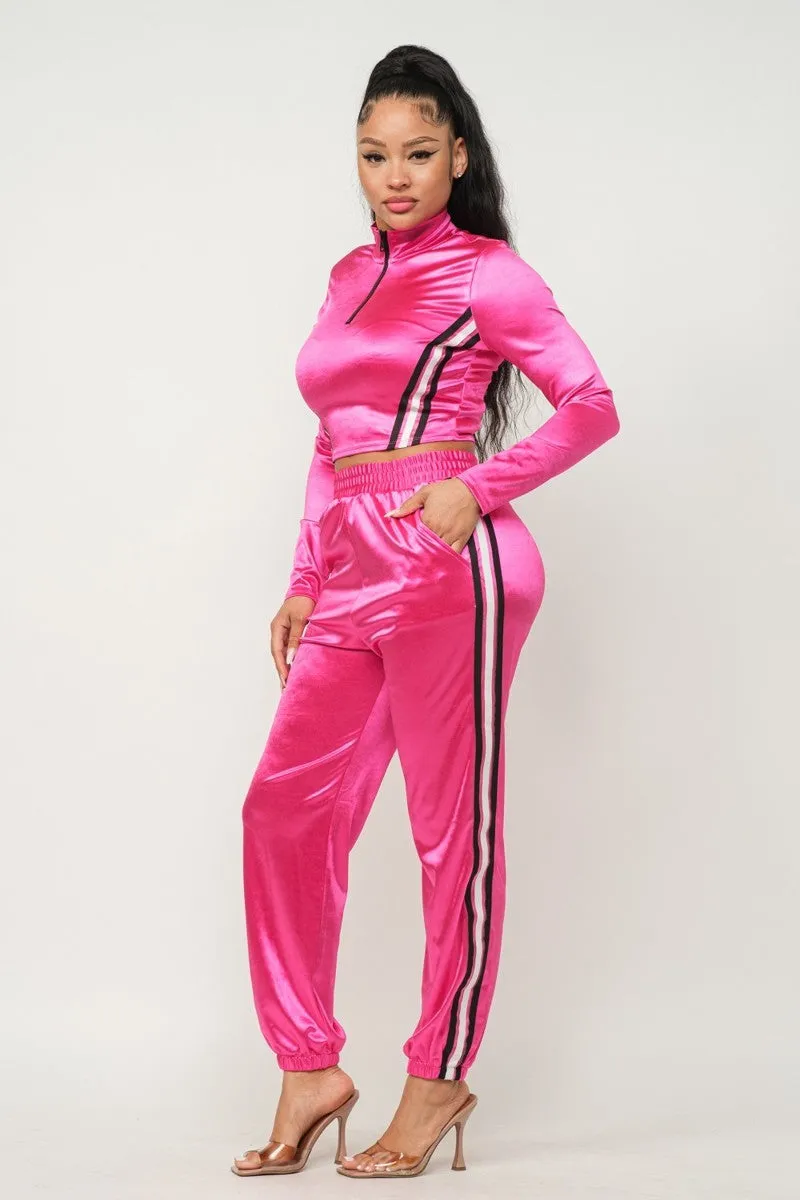 Sporty Front Zip Up Stripes Detail Jacket And Pants Outfit Set - 3 colors