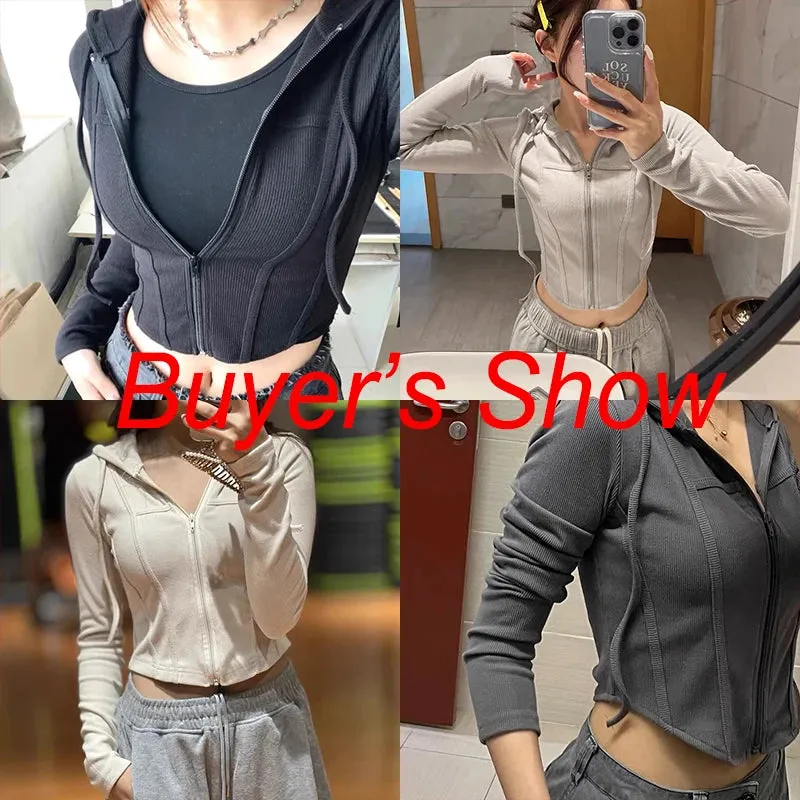 Streetwear Slim Fit Cropped Jacket Women Korean Fashion Long Sleeve Hooded Crop Top Woman Wild Ribbed Zipper Up Sweatshirt Mujer