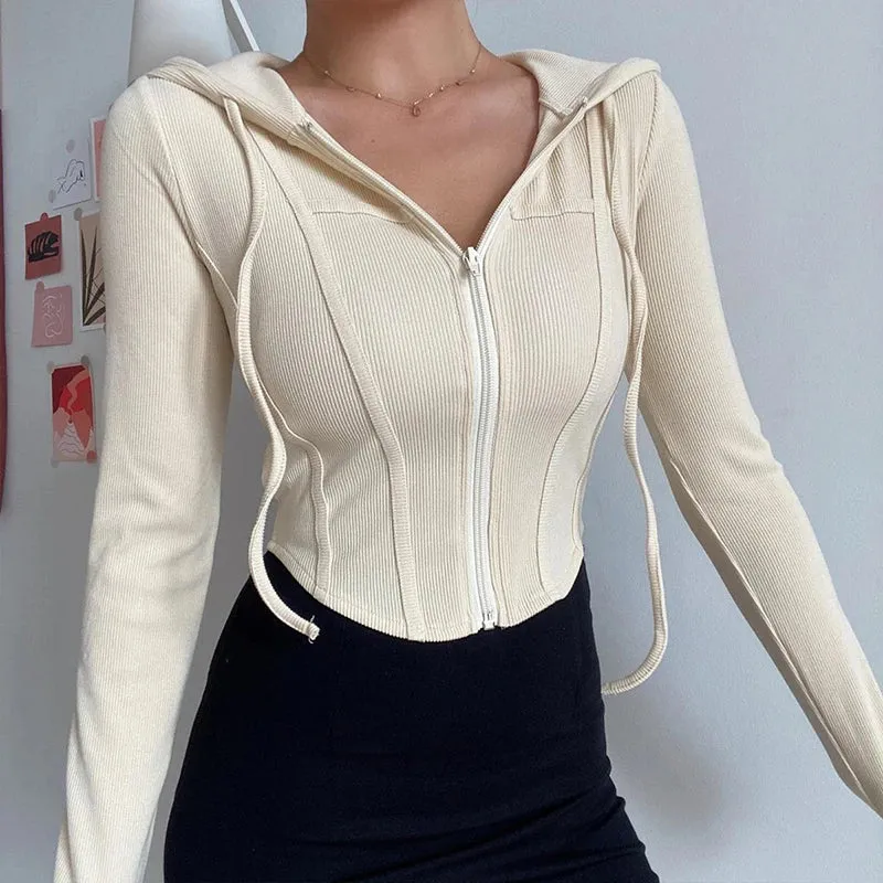 Streetwear Slim Fit Cropped Jacket Women Korean Fashion Long Sleeve Hooded Crop Top Woman Wild Ribbed Zipper Up Sweatshirt Mujer