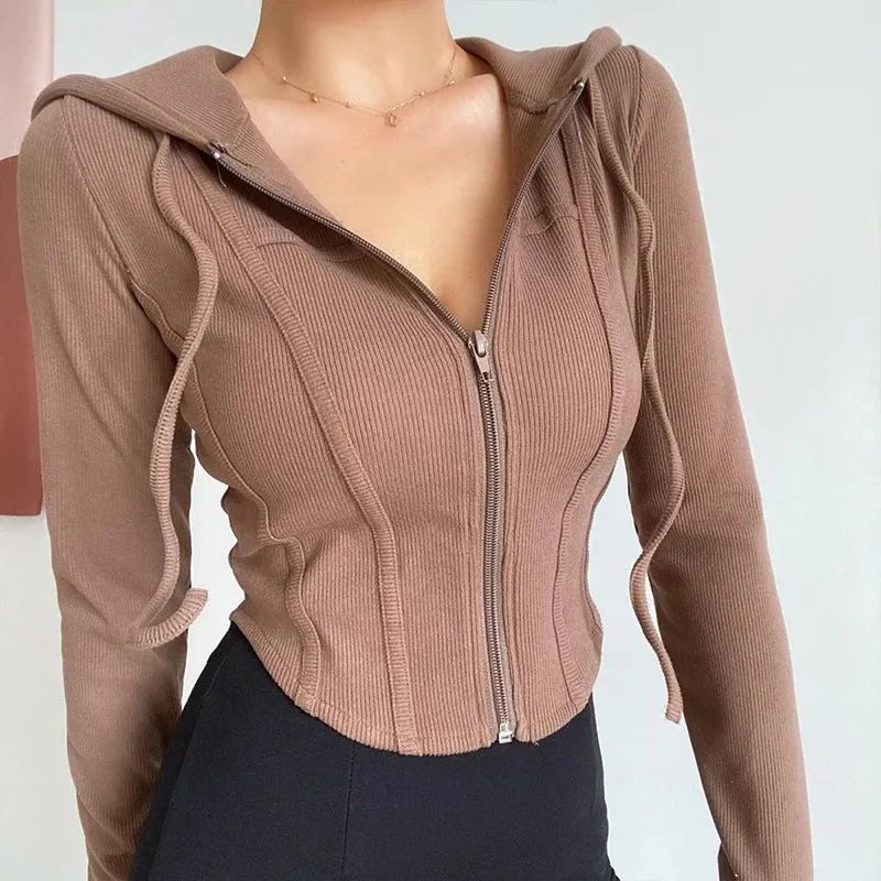 Streetwear Slim Fit Cropped Jacket Women Korean Fashion Long Sleeve Hooded Crop Top Woman Wild Ribbed Zipper Up Sweatshirt Mujer