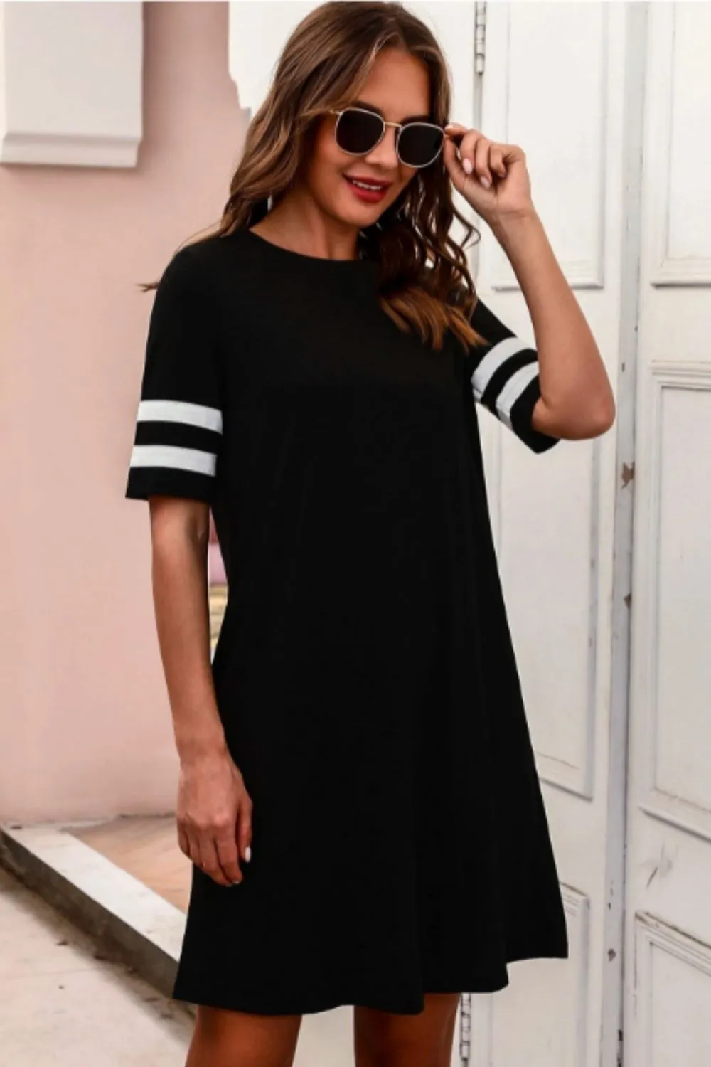 Striped Sleeve Solid T-shirt Dress