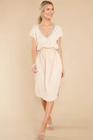 Stroll Around Town Light Beige V-Neck Jersey Midi Dress