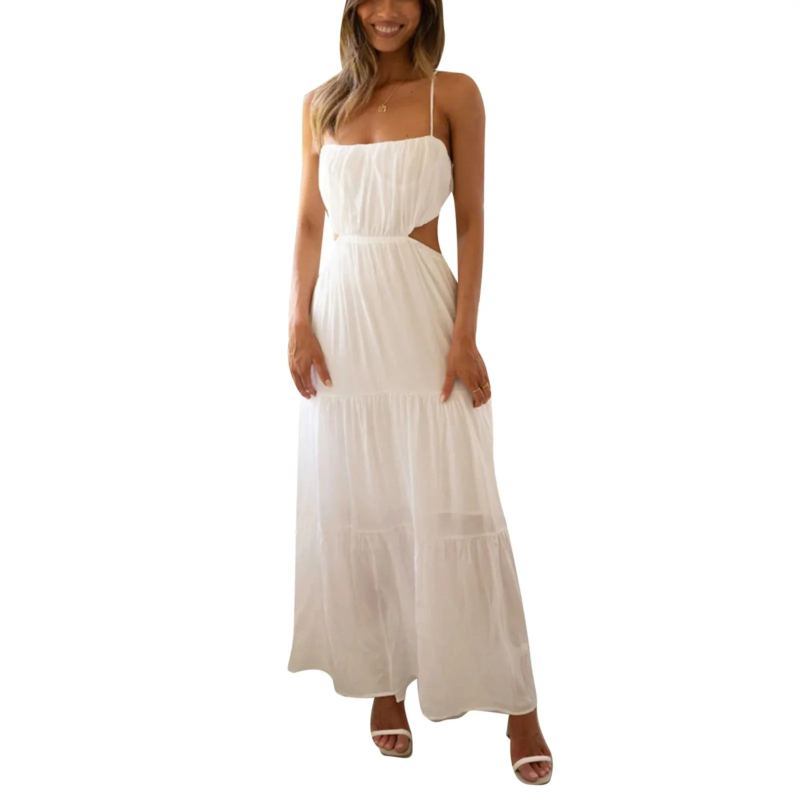 Summer Ruffle Maxi Dress Criss Cross Backless Flowy Beach Bohemian Slip Casual Women's Dress