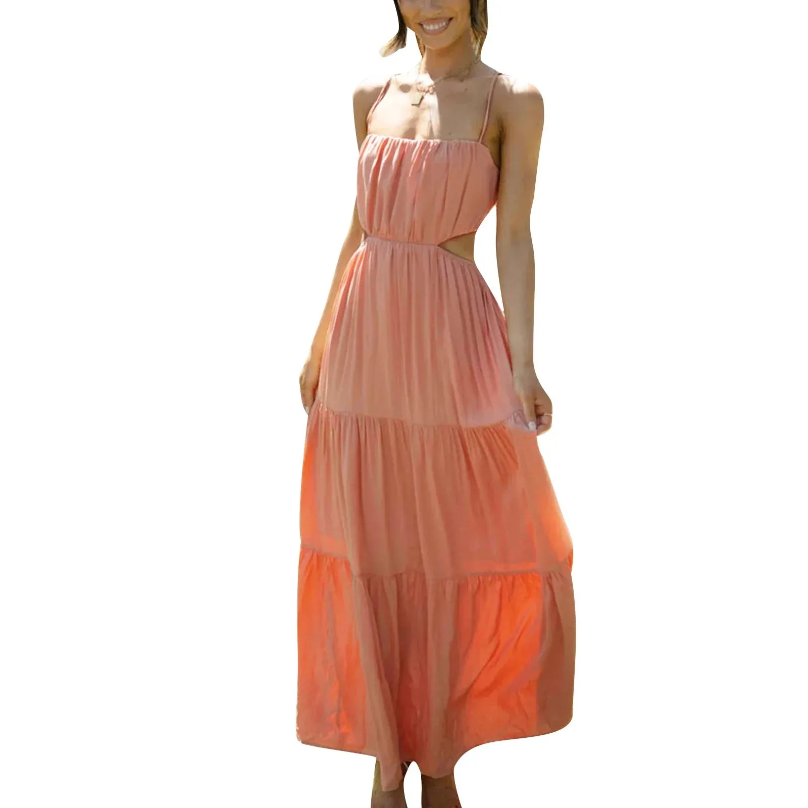 Summer Ruffle Maxi Dress Criss Cross Backless Flowy Beach Bohemian Slip Casual Women's Dress