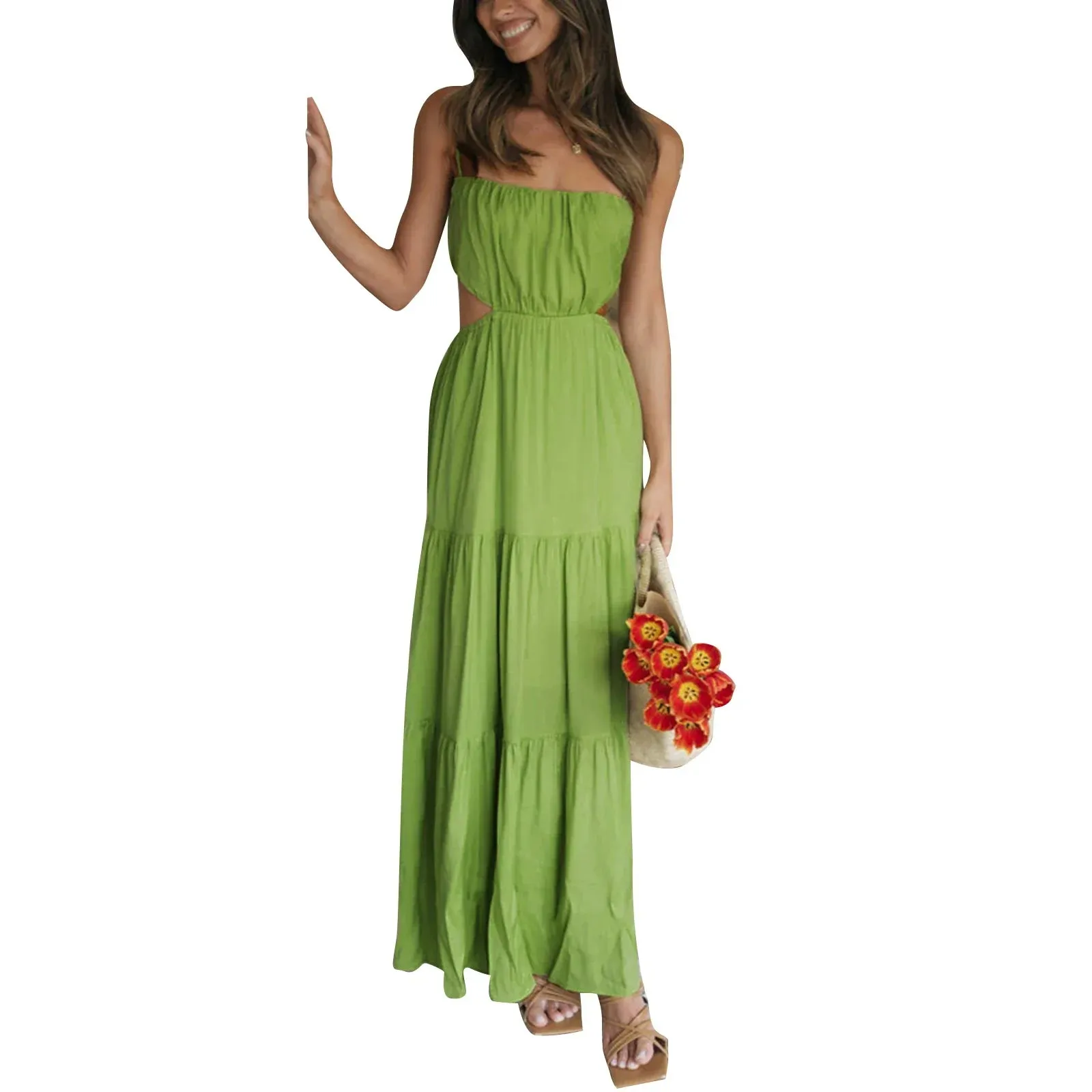 Summer Ruffle Maxi Dress Criss Cross Backless Flowy Beach Bohemian Slip Casual Women's Dress