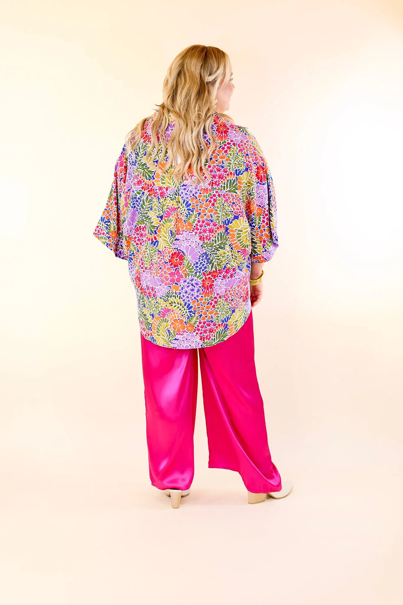 Sweet Surprise Multi-Color Floral Print Half Button Up Poncho Top with Collared Neckline