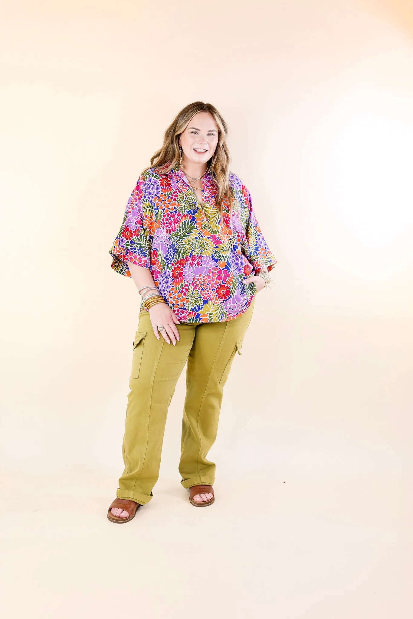 Sweet Surprise Multi-Color Floral Print Half Button Up Poncho Top with Collared Neckline