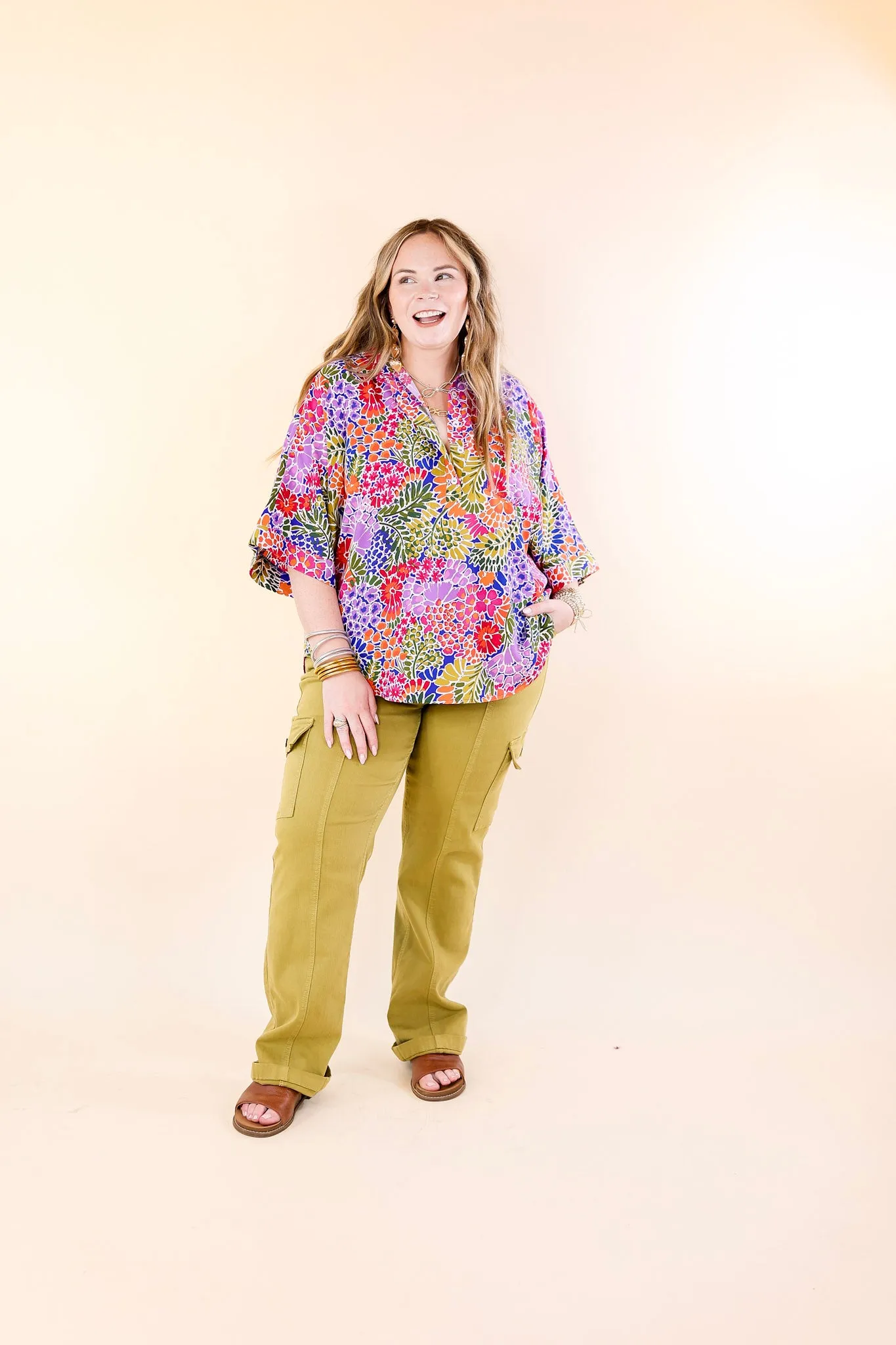 Sweet Surprise Multi-Color Floral Print Half Button Up Poncho Top with Collared Neckline