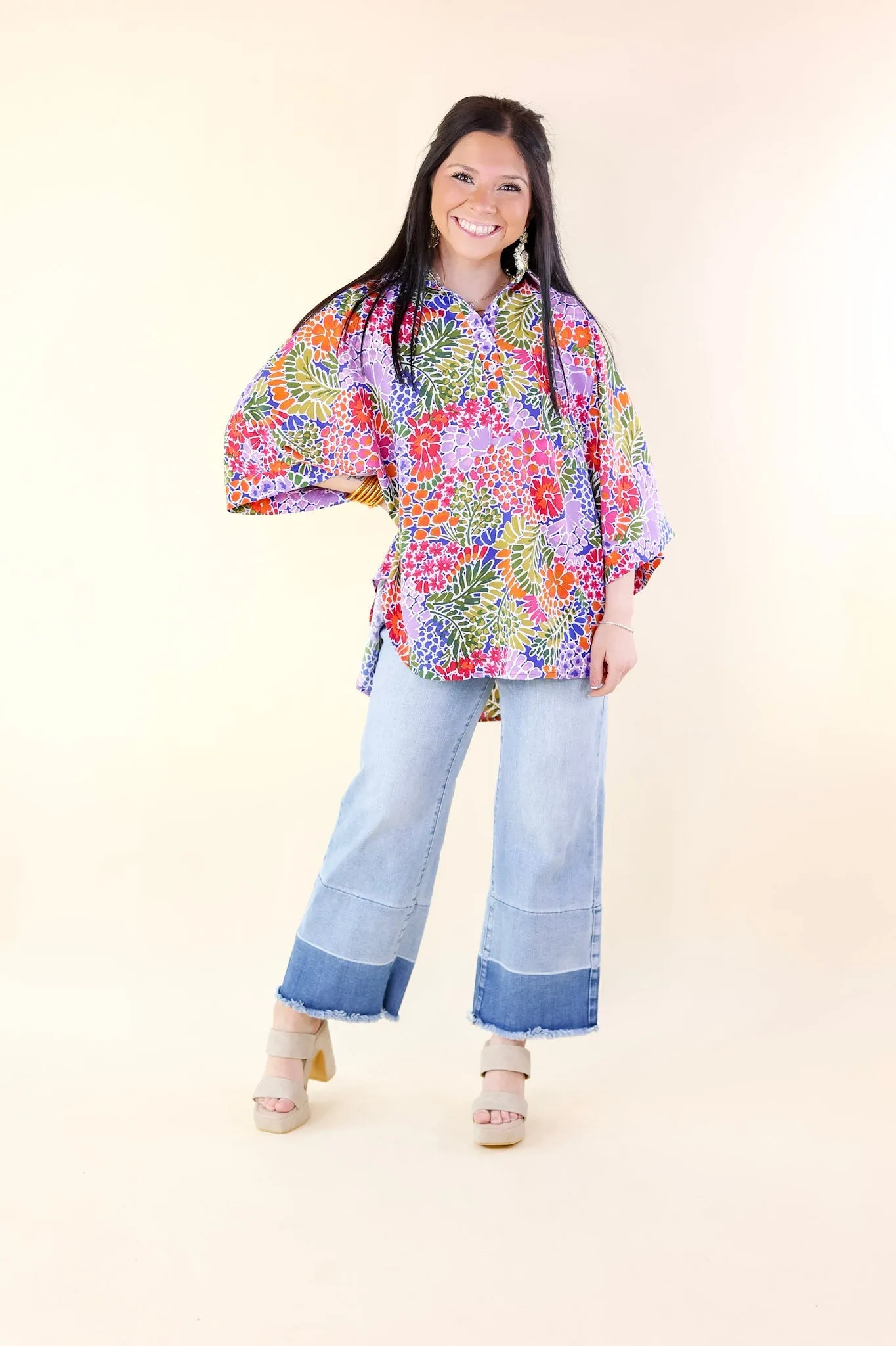 Sweet Surprise Multi-Color Floral Print Half Button Up Poncho Top with Collared Neckline