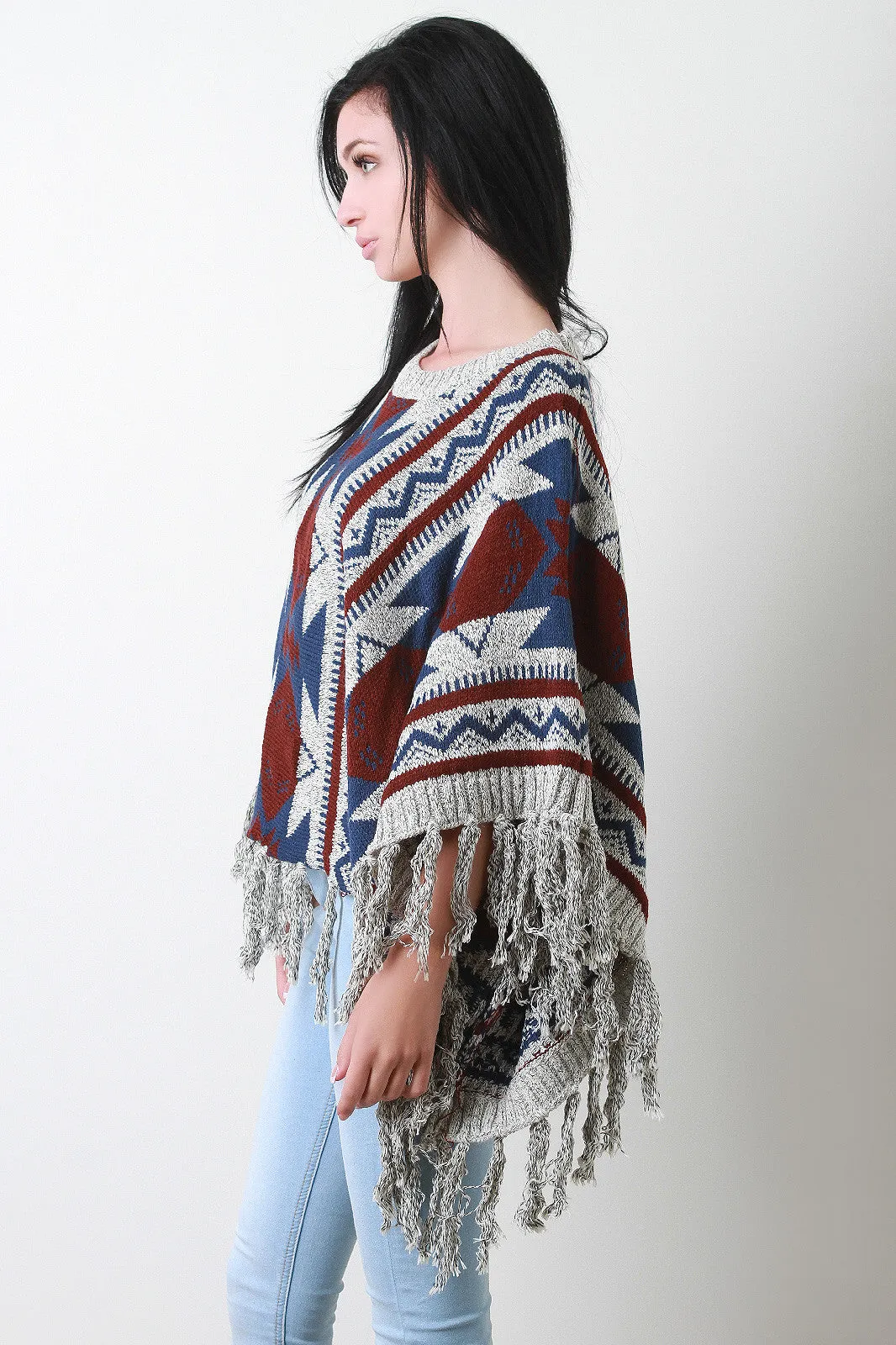 Tassel Hem Marled Knit Round Neck Pattern Poncho