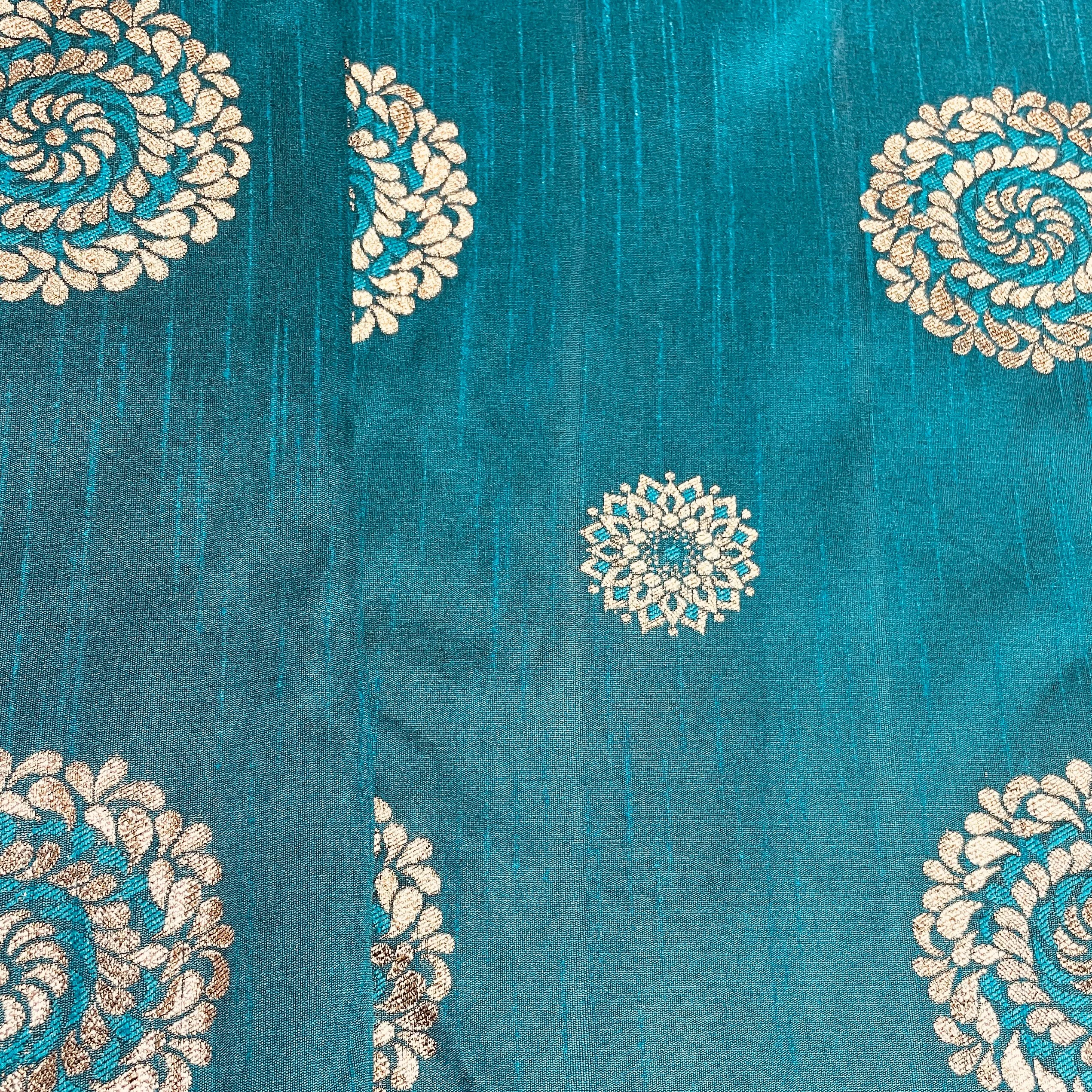 Teal Blue Floral With Gold Foil Dupion Silk Fabric