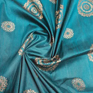 Teal Blue Floral With Gold Foil Dupion Silk Fabric