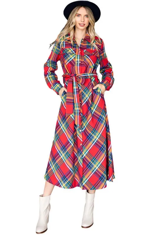 TEEK - RED PLAID PRINT COLLAR LONG SHIRT DRESS