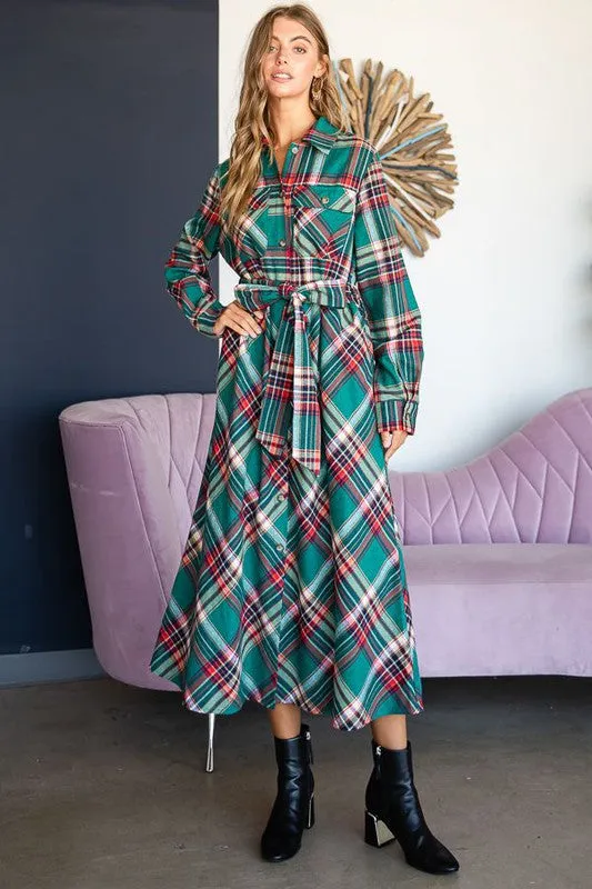 TEEK - RED PLAID PRINT COLLAR LONG SHIRT DRESS