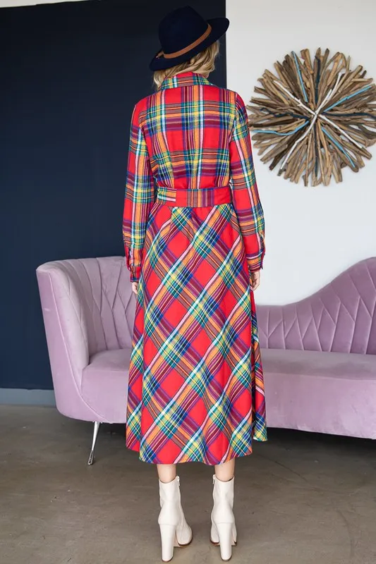 TEEK - RED PLAID PRINT COLLAR LONG SHIRT DRESS