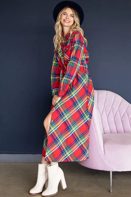 TEEK - RED PLAID PRINT COLLAR LONG SHIRT DRESS