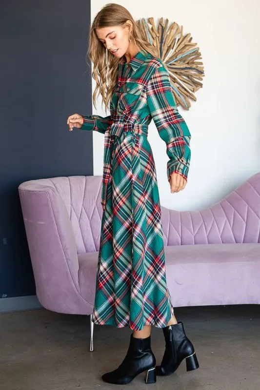 TEEK - RED PLAID PRINT COLLAR LONG SHIRT DRESS