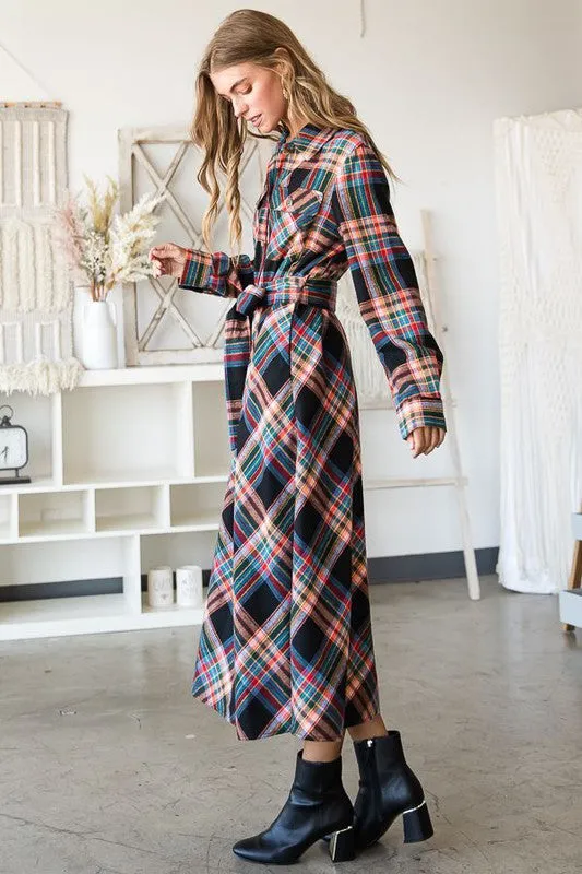 TEEK - RED PLAID PRINT COLLAR LONG SHIRT DRESS