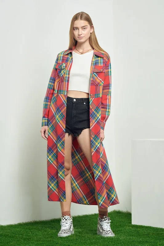 TEEK - RED PLAID PRINT COLLAR LONG SHIRT DRESS