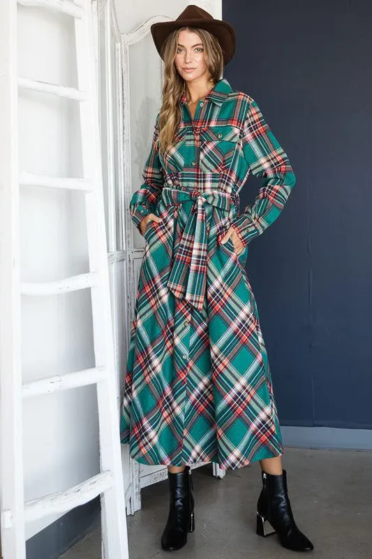 TEEK - RED PLAID PRINT COLLAR LONG SHIRT DRESS