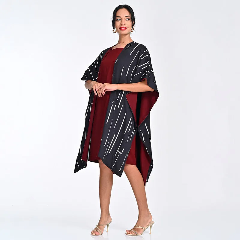 Tencel Printed Co Ord Set For Women | Cape & Dress | Square Neck | Black & Maroon