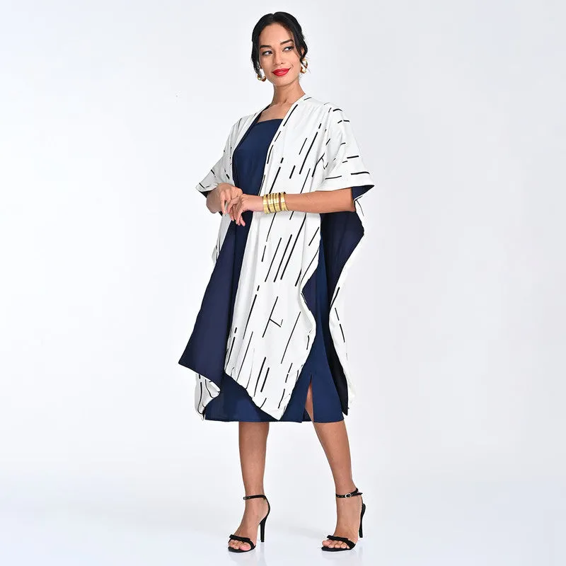 Tencel Printed Co Ord Set For Women | Overlay & Dress | Sleeveless | Creamy & Navy