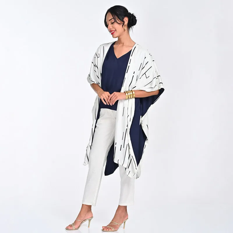 Tencel Printed Co Ord Set For Women | Overlay, Top & Pant | Dolman Sleeves | Creamy & Navy