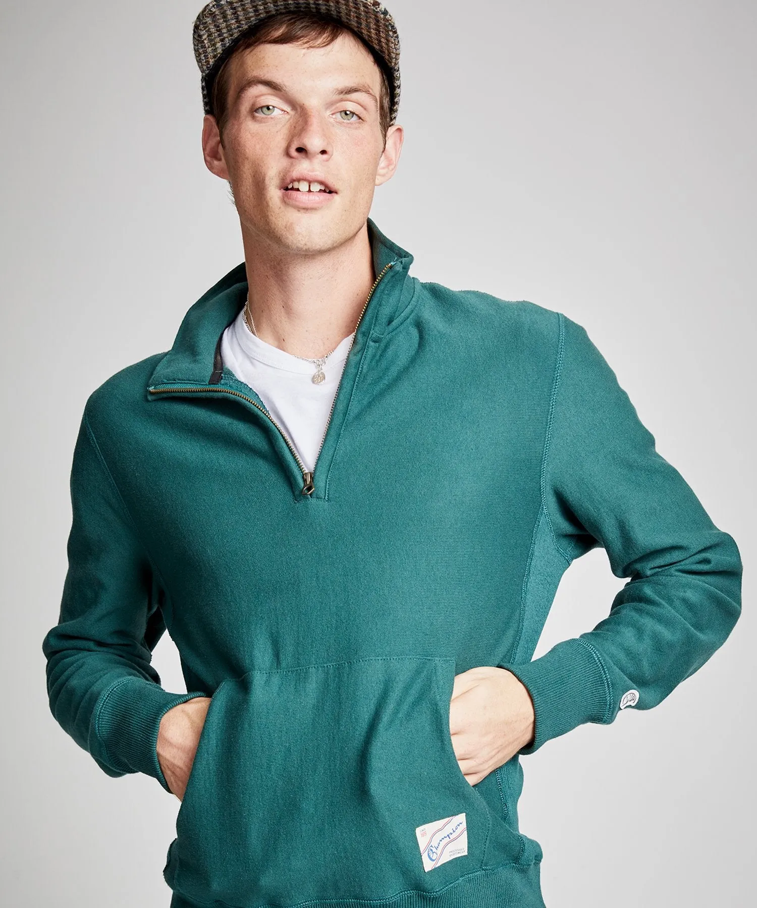 Terry Quarter Zip Reverse Weave Sweatshirt in Storm Green