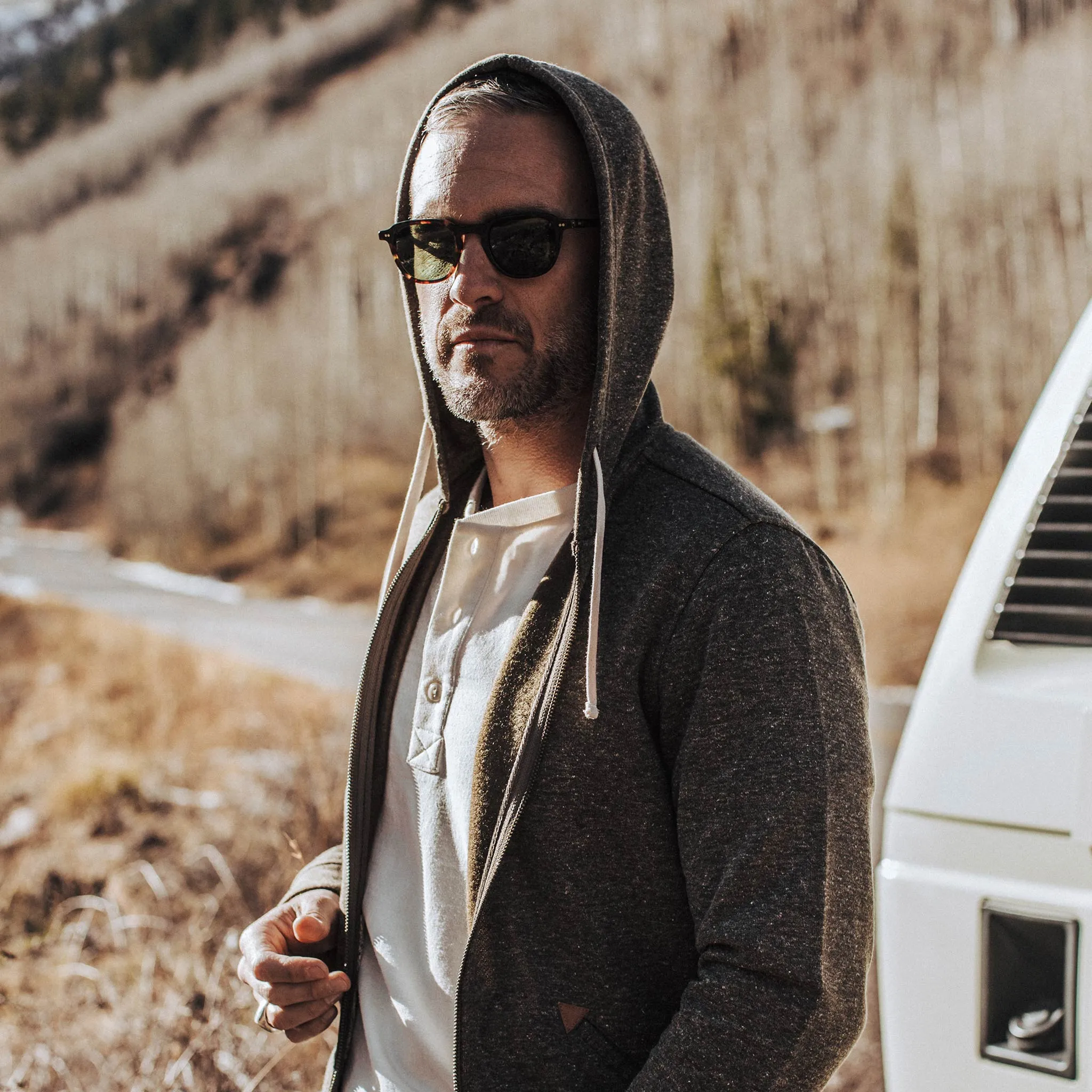 The Après Hoodie in Olive Hemp Donegal