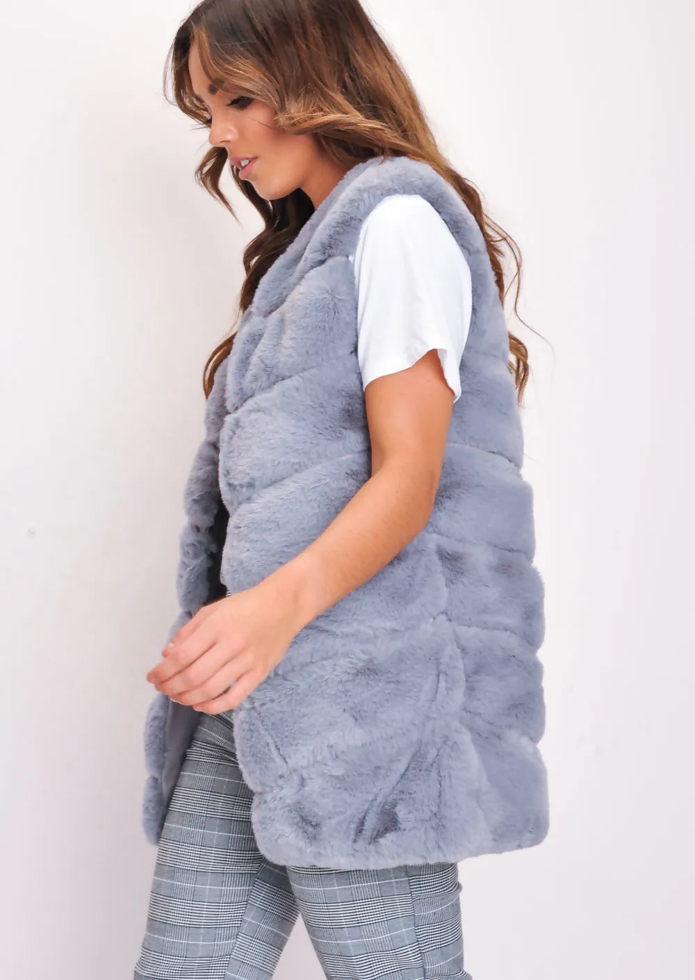 Ultra Soft Chevron Faux Rabbit Fur Leather Panel Gilet