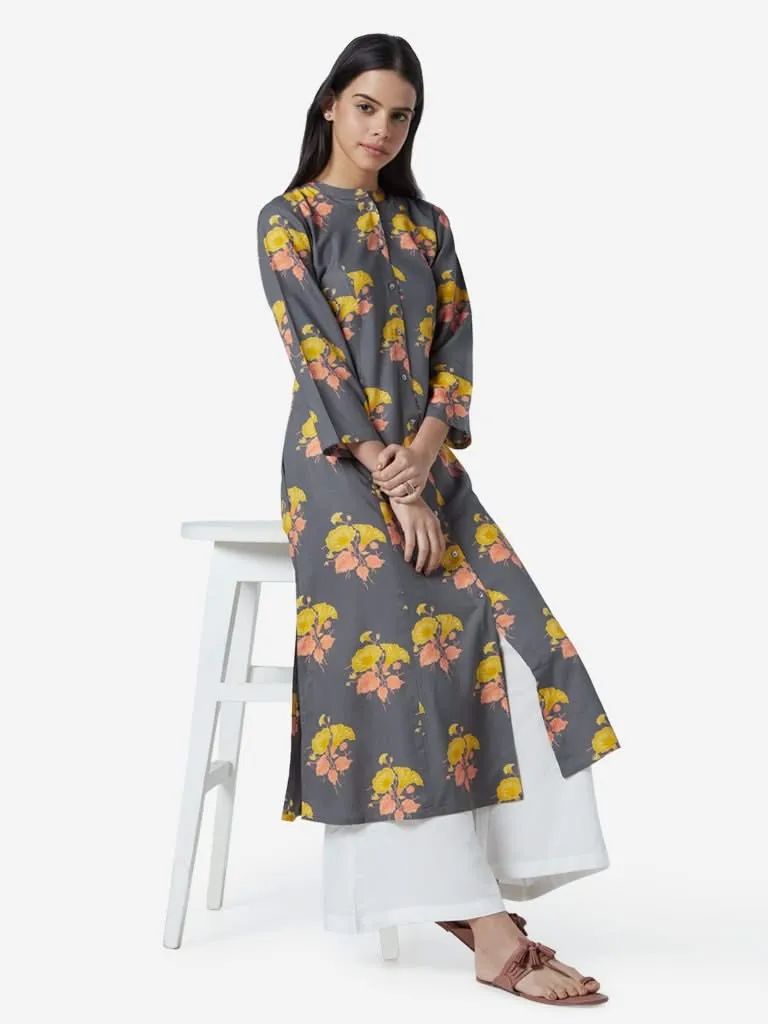 Utsa Grey Floral Patterned A-line Kurta