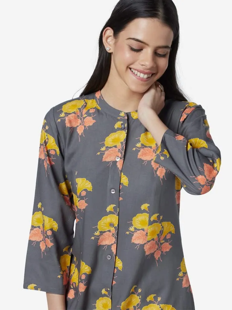 Utsa Grey Floral Patterned A-line Kurta