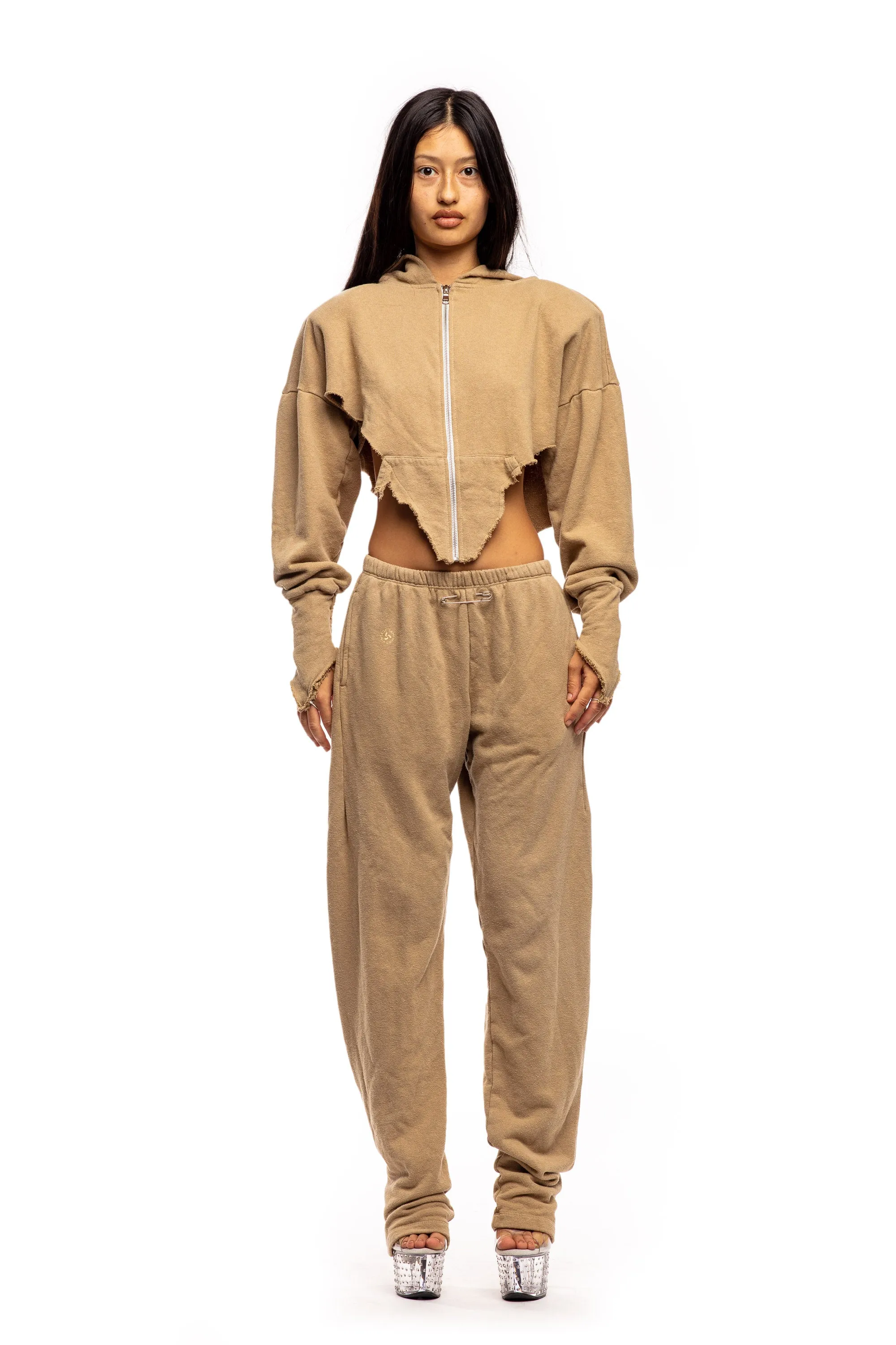 V CUT ZIP-UP HOODIE IN TAUPE TERRY