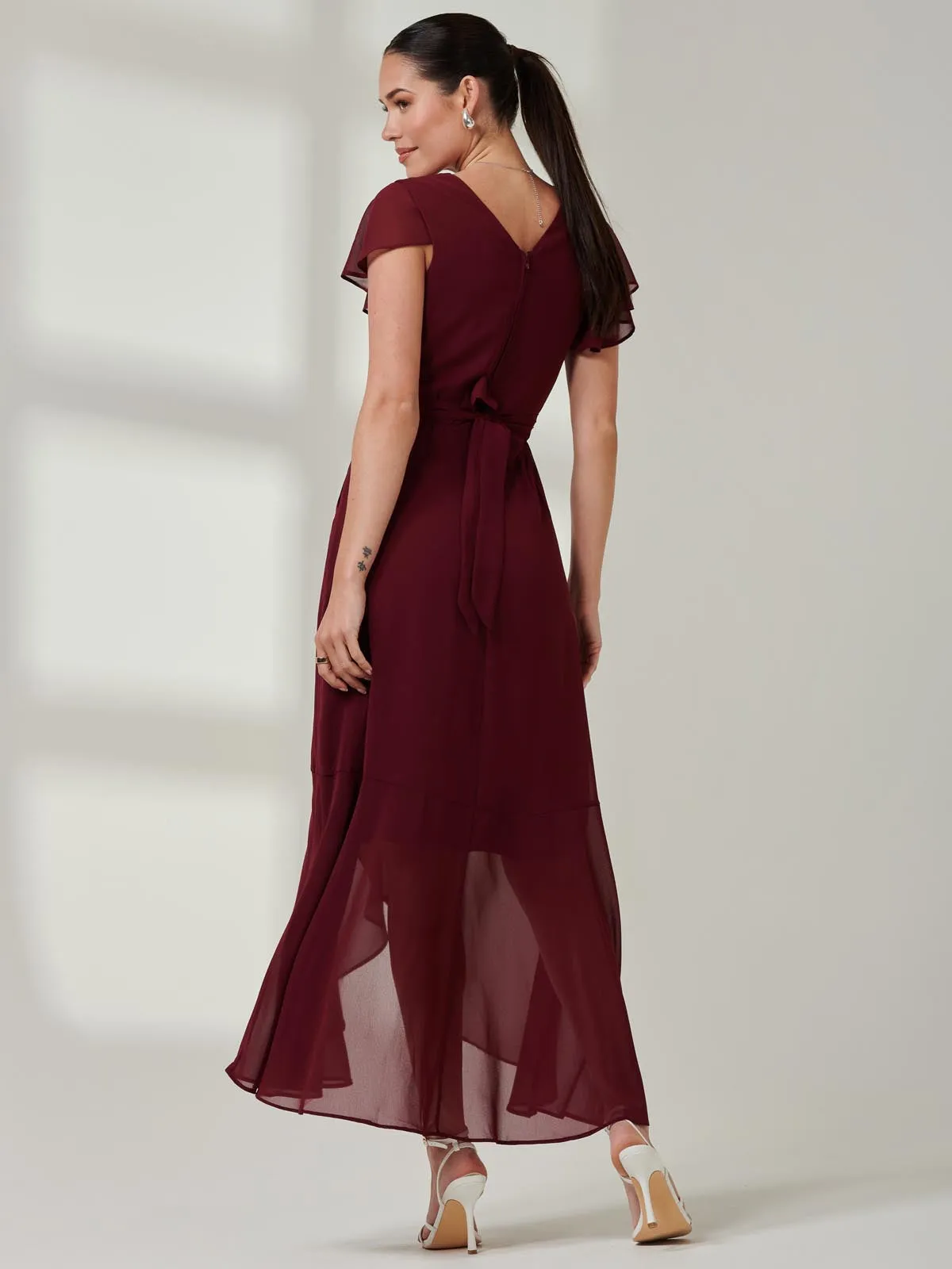 Vicky Chiffon Frill Maxi Dress, Burgundy