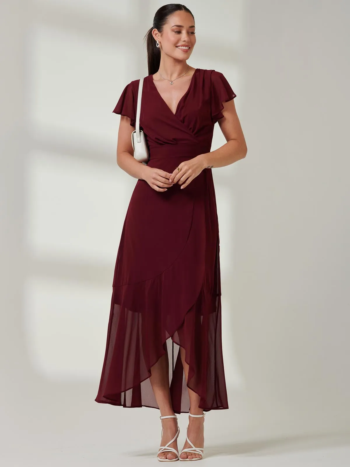 Vicky Chiffon Frill Maxi Dress, Burgundy