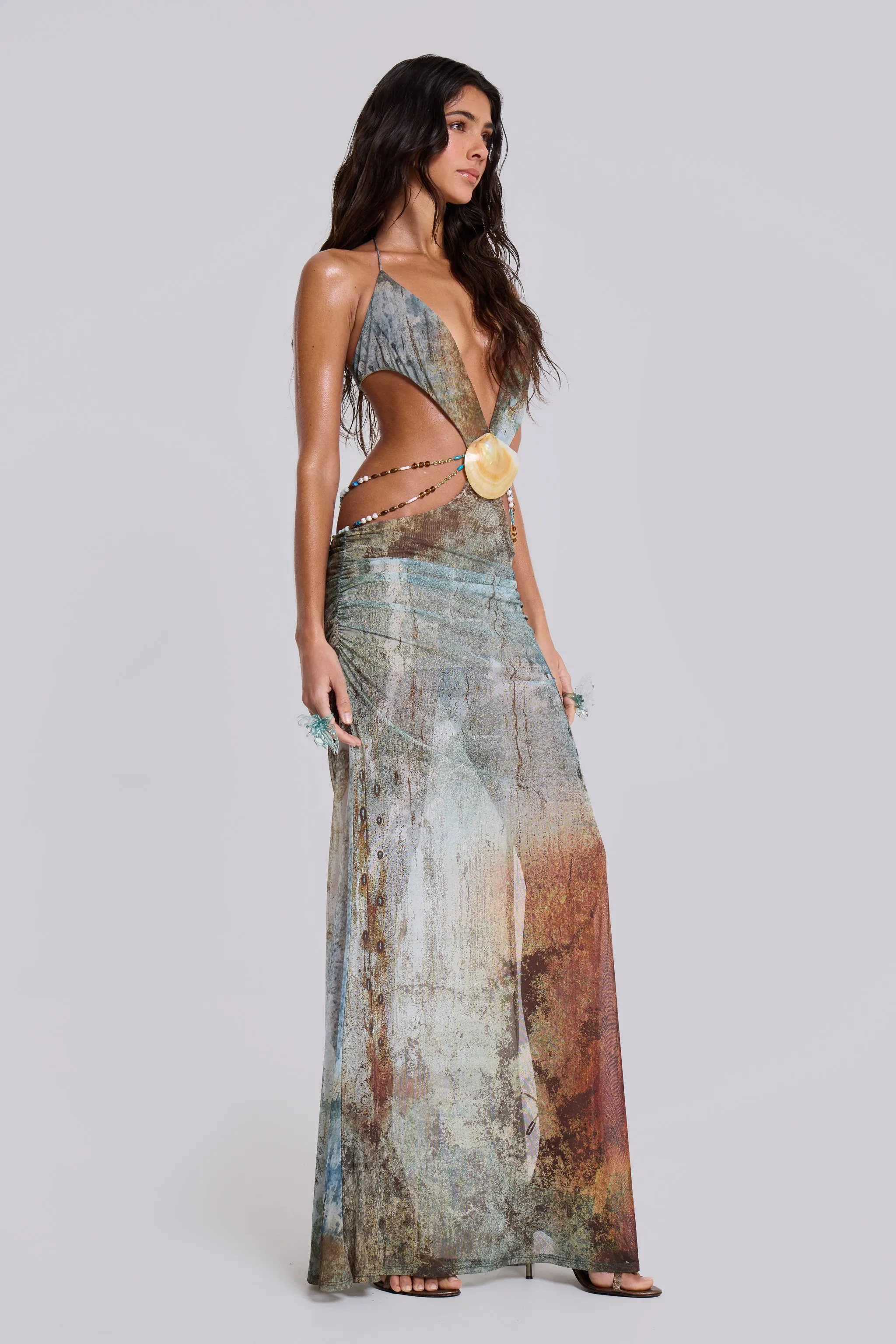 Vida Backless Maxi Dress With Shell Trim in Marine