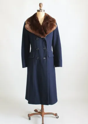 Vintage 1970s Navy Wool and Fur Collar Winter Coat