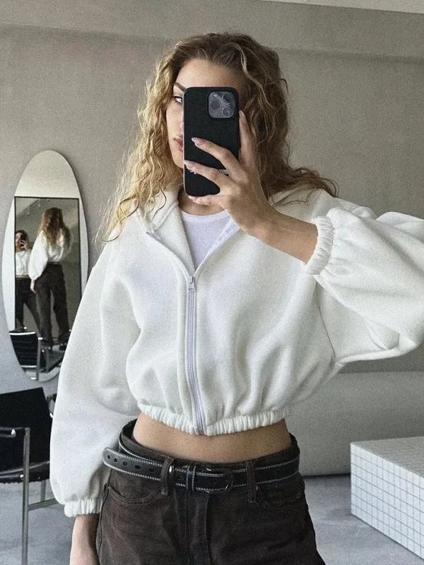 Wenkouban-Winter outfits ideas Casual Women's Solid Color Hoodie Long Sleeve Cropped Jacket Zipper Cardigan Sweatshirt