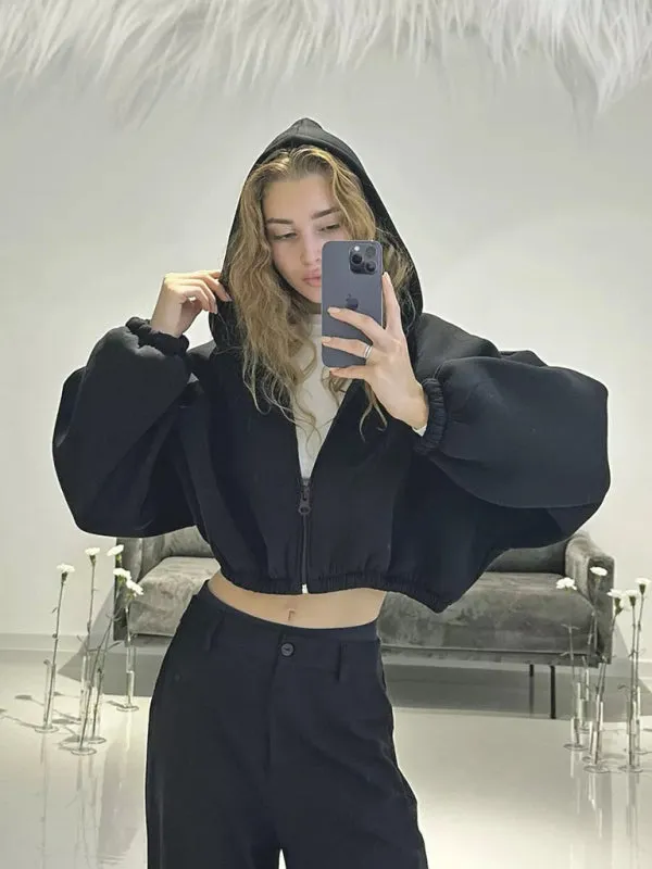 Wenkouban-Winter outfits ideas Casual Women's Solid Color Hoodie Long Sleeve Cropped Jacket Zipper Cardigan Sweatshirt