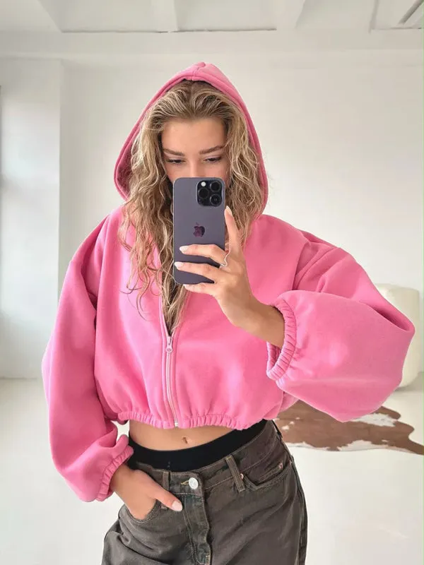 Wenkouban-Winter outfits ideas Casual Women's Solid Color Hoodie Long Sleeve Cropped Jacket Zipper Cardigan Sweatshirt